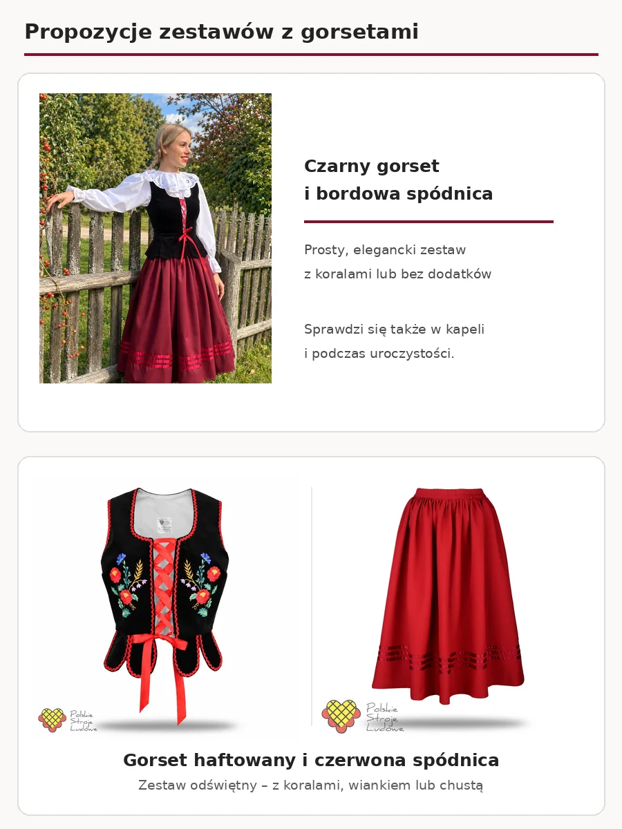 Czarny gorset z bordową spódnicą oraz gorset haftowany z czerwoną spódnicą