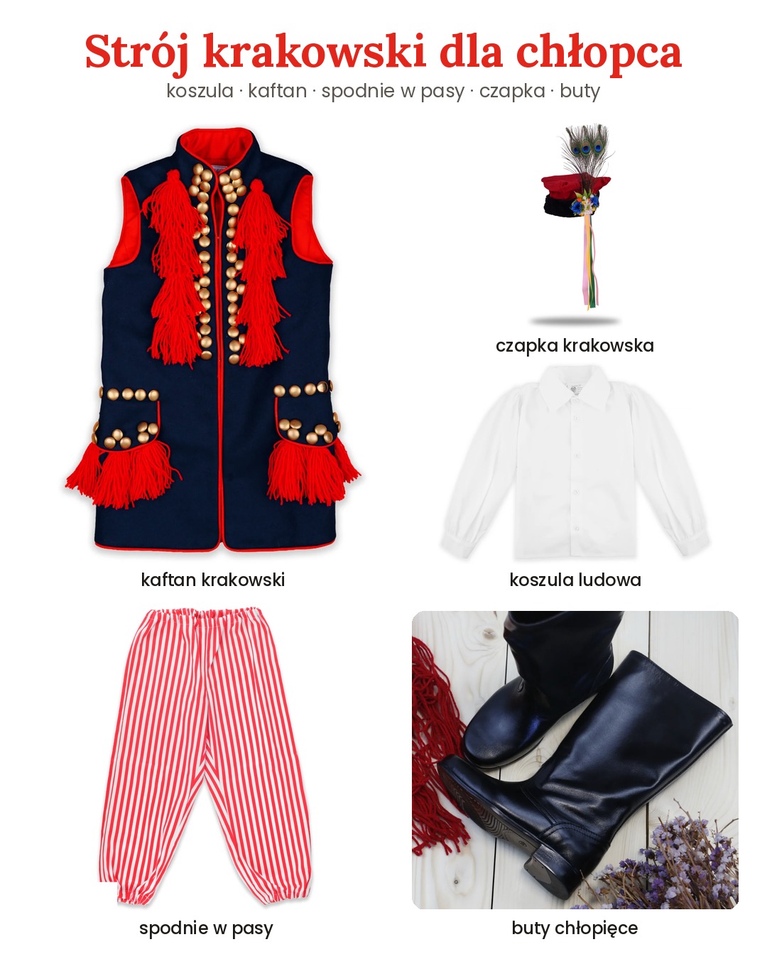 Strój krakowski dla chłopca: koszula, kaftan, spodnie w pasy, czapka i buty